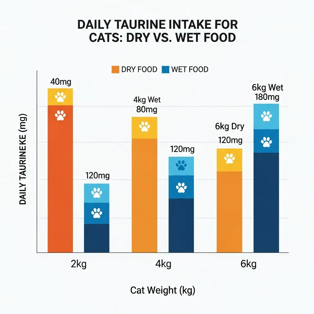 Daily taurine requirements for cats by body weight and food type