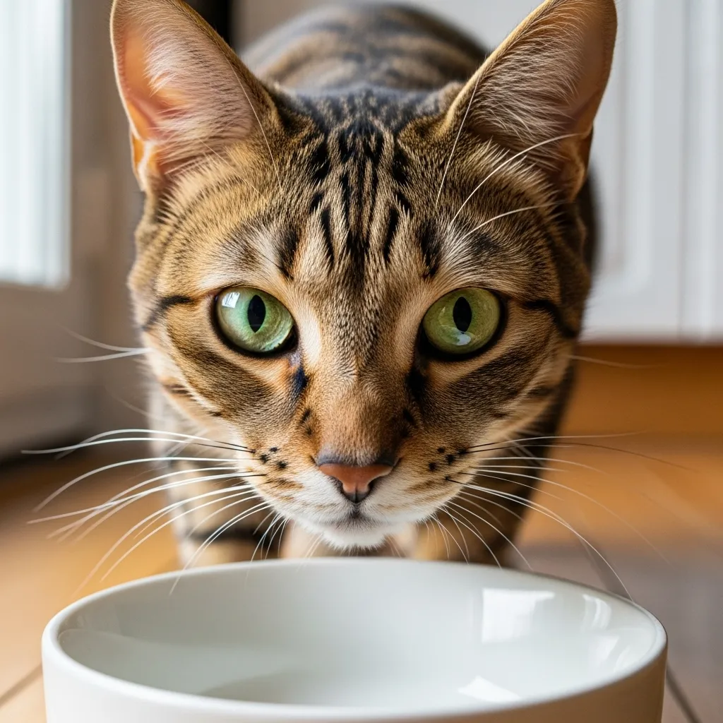 Cat obsessed with food staring at empty bowl