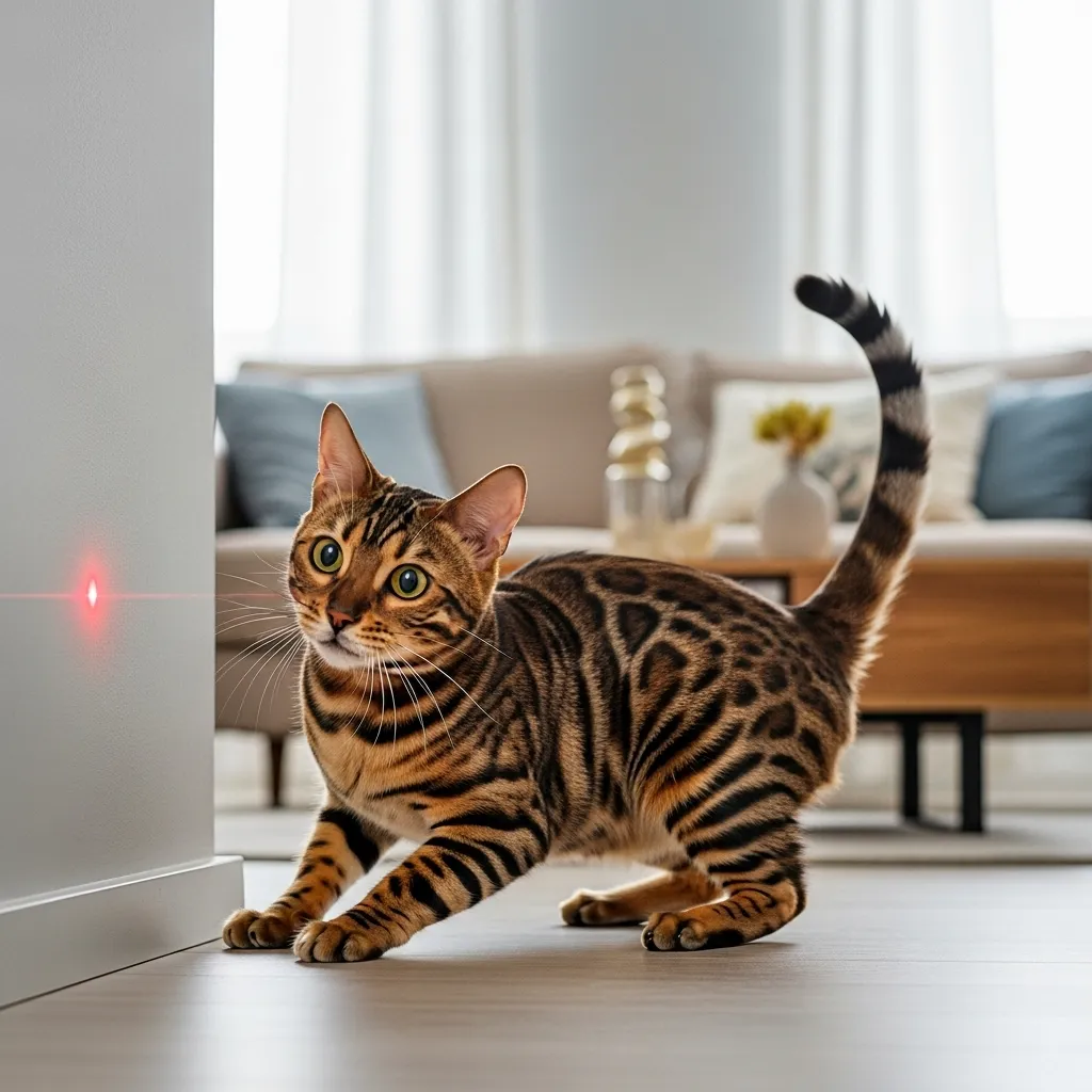 Curious cat staring at laser toy with wide eyes and perked ears