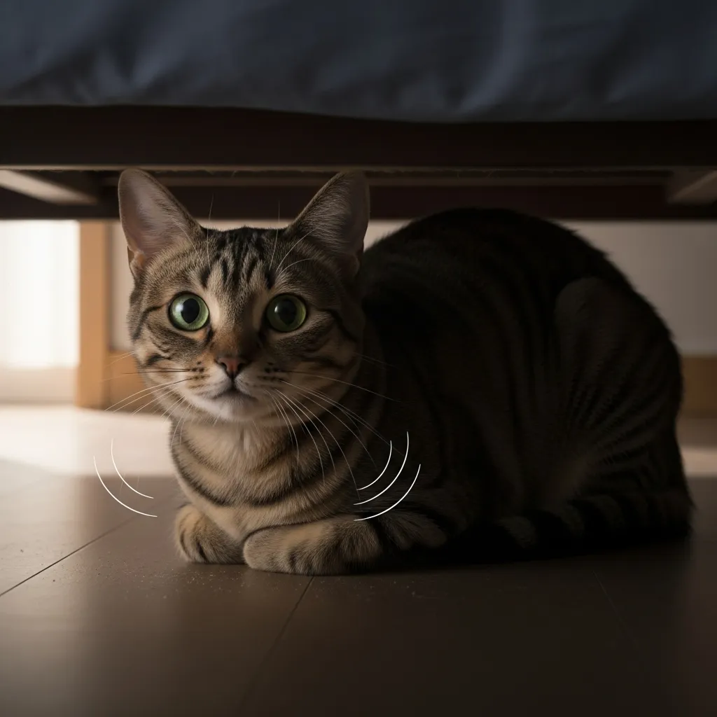 Stressed cat purring under bed with visible third eyelid – sign of anxiety or pain