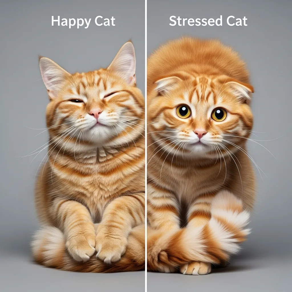Cat body language chart: happy vs stressed signals including eyes, ears, tail, and posture