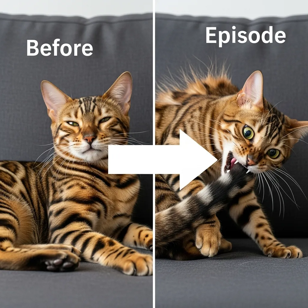 Bengal cat before and during twitchy cat syndrome episode
