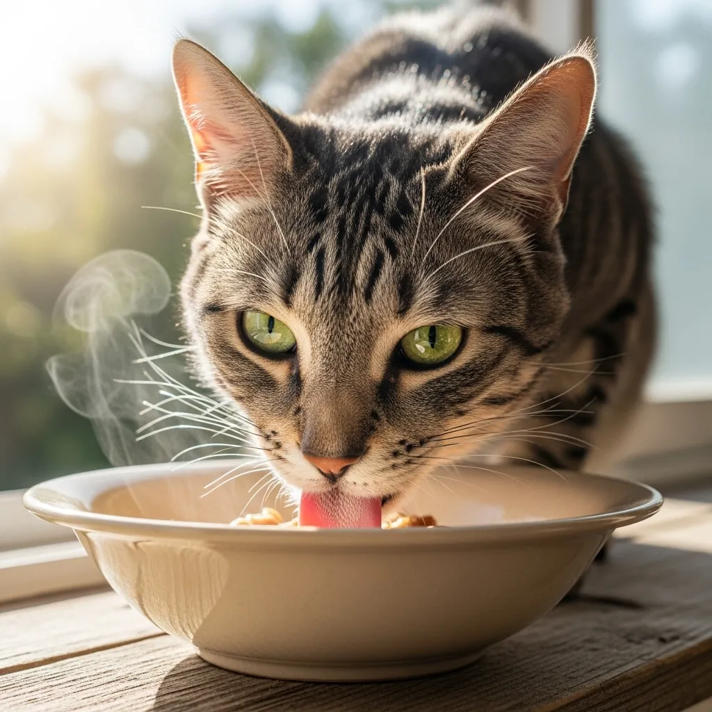 Cat enjoying warmed wet food to stimulate appetite