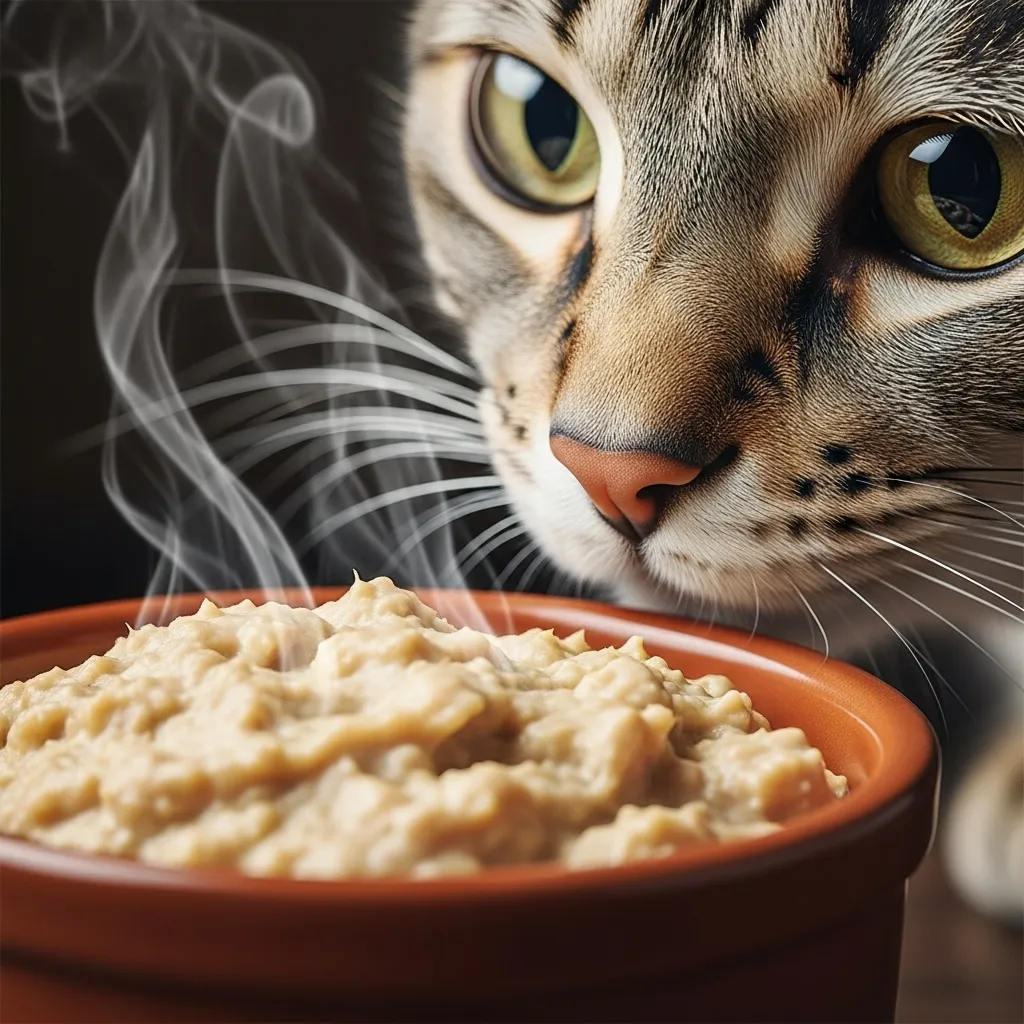 Warmed cat food releasing aroma to stimulate appetite