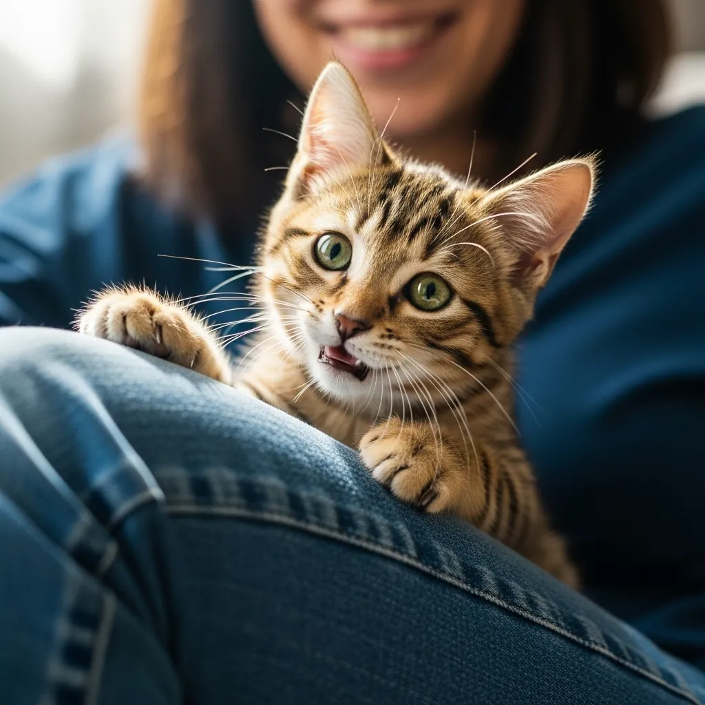 Kitten climbing owner’s leg showing natural cat climbing behavior