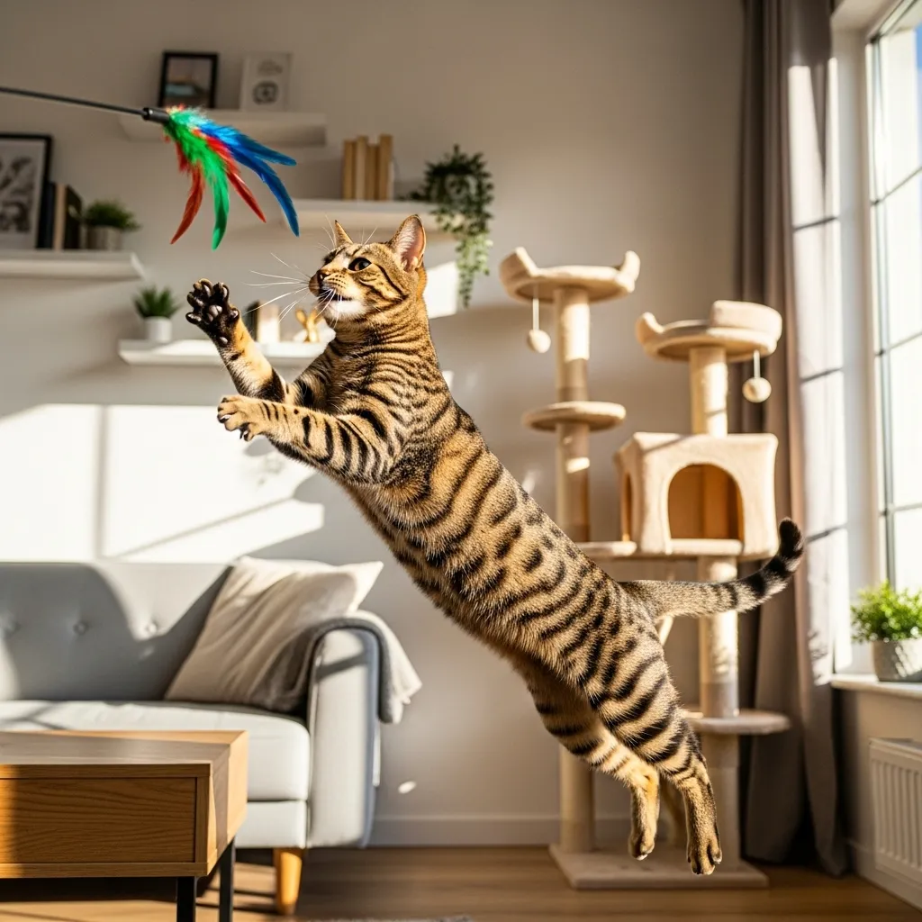 Indoor cat leaping during playtime – perfect example of daily cat exercise needs