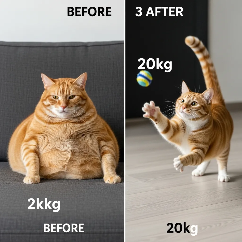 Before and after cat weight loss through daily exercise – real transformation example