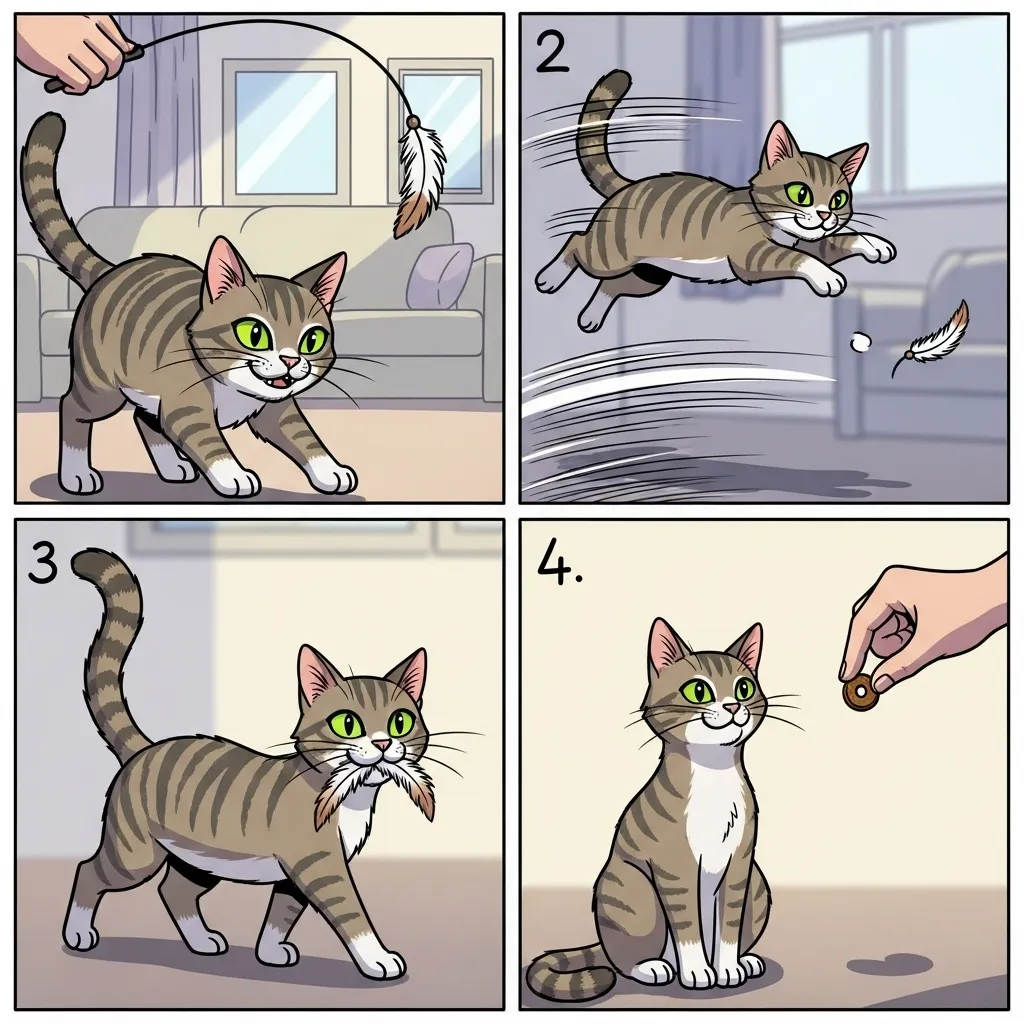 Step-by-step cat play session structure – stalk, chase, catch, reward