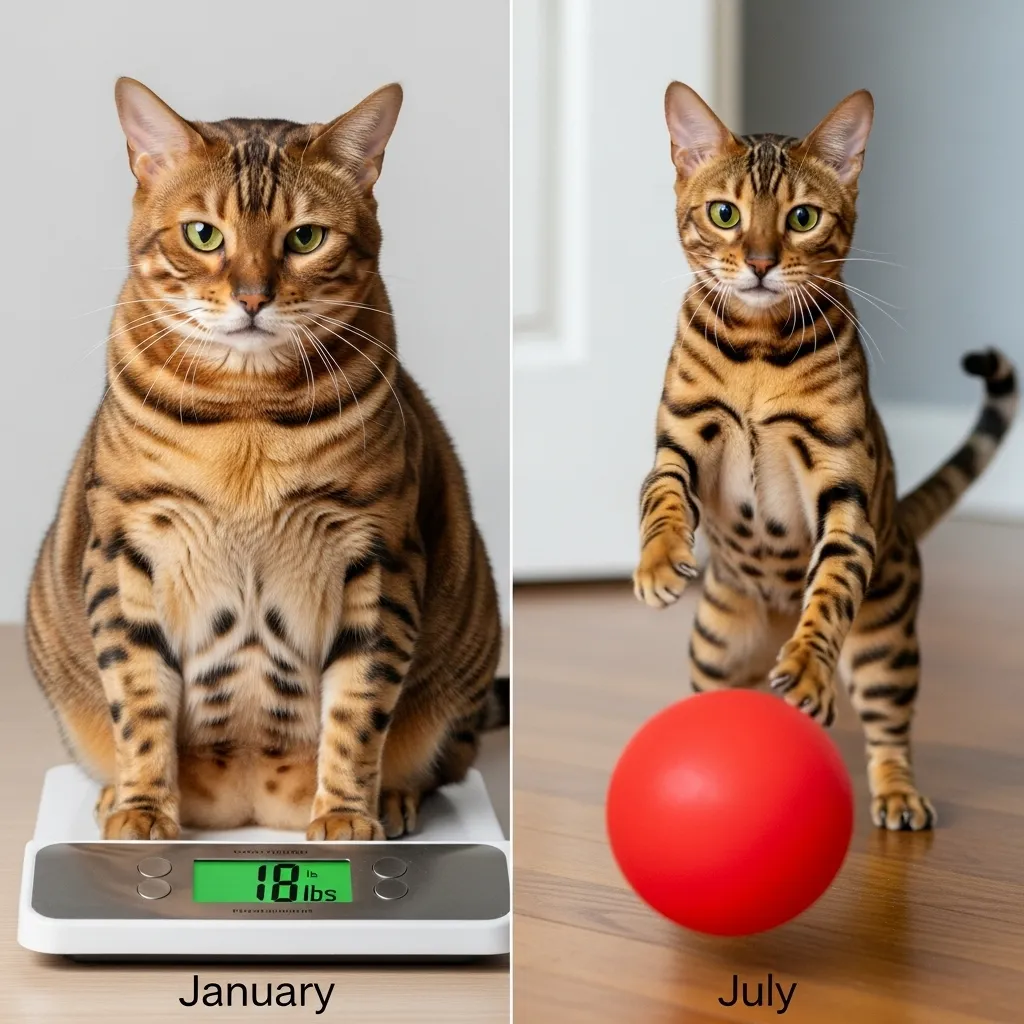 Bengal cat weight loss success with exercise and diet – 18 to 12 lbs in 6 months