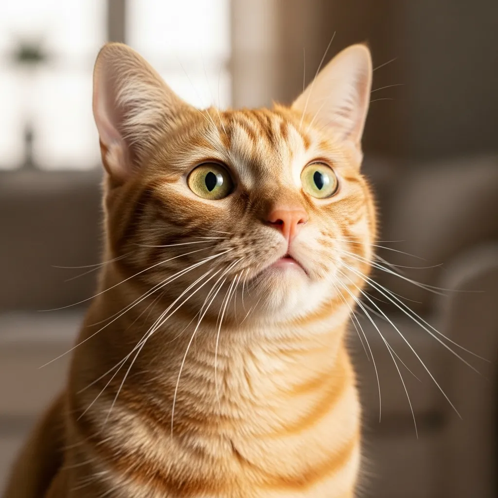 Worried cat looking up during cough – common sign of cat coughing and gagging