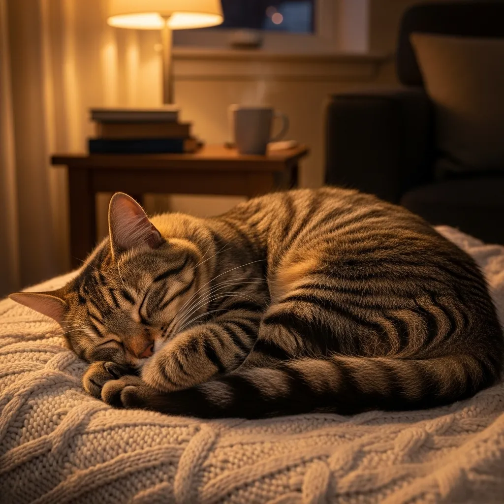 Adorable tabby cat sleeping face down on a cozy blanket, illustrating feline comfort and trust.