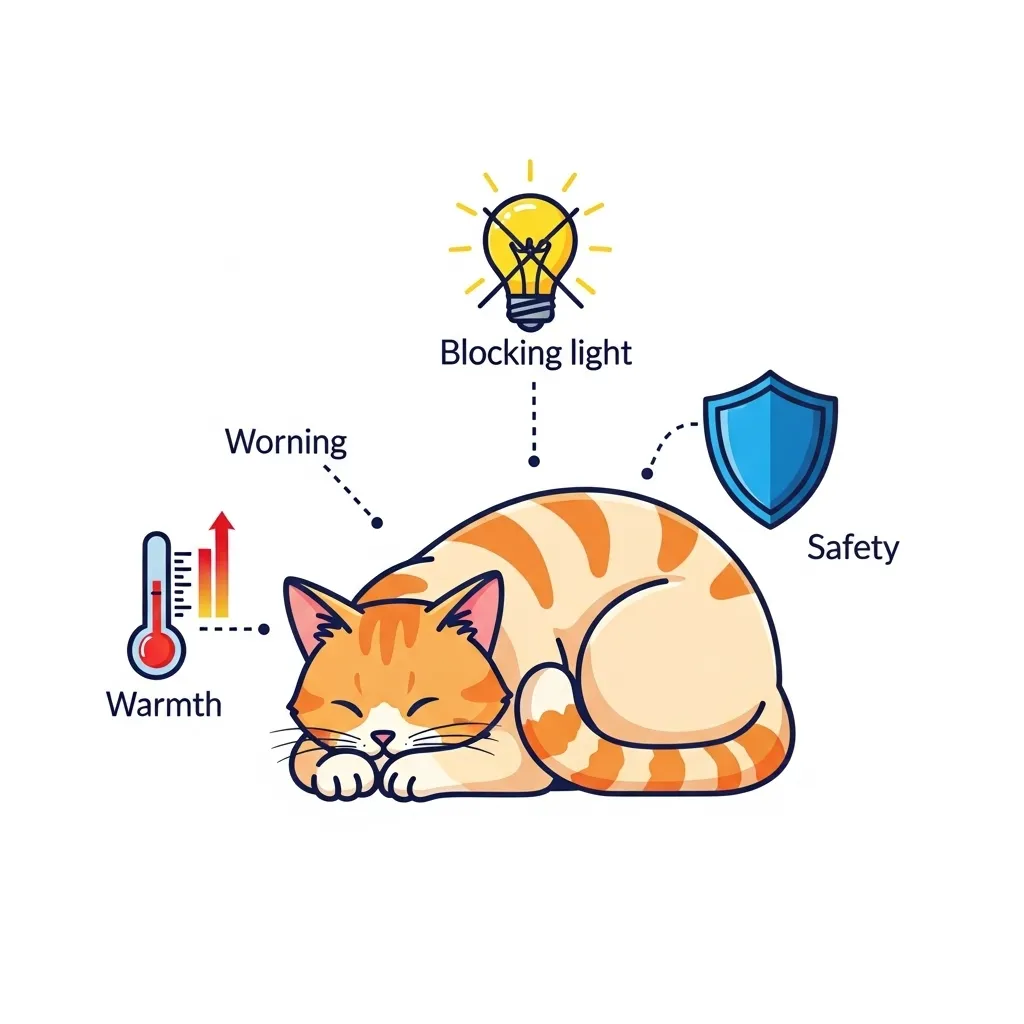 Infographic of cat sleeping face down with icons for light-blocking, warmth, and safety benefits.