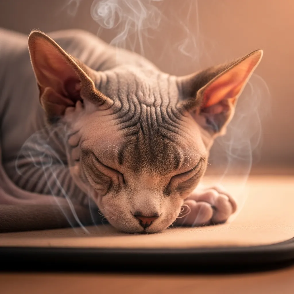 Hairless Sphynx cat sleeping face down to keep nose warm on a cozy heated pad.
