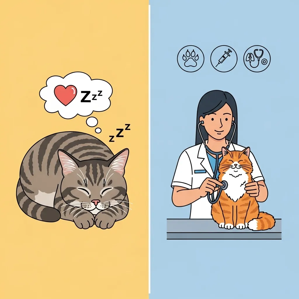 Illustration of healthy vs. concerning cat sleep patterns, with vet check-up scene.