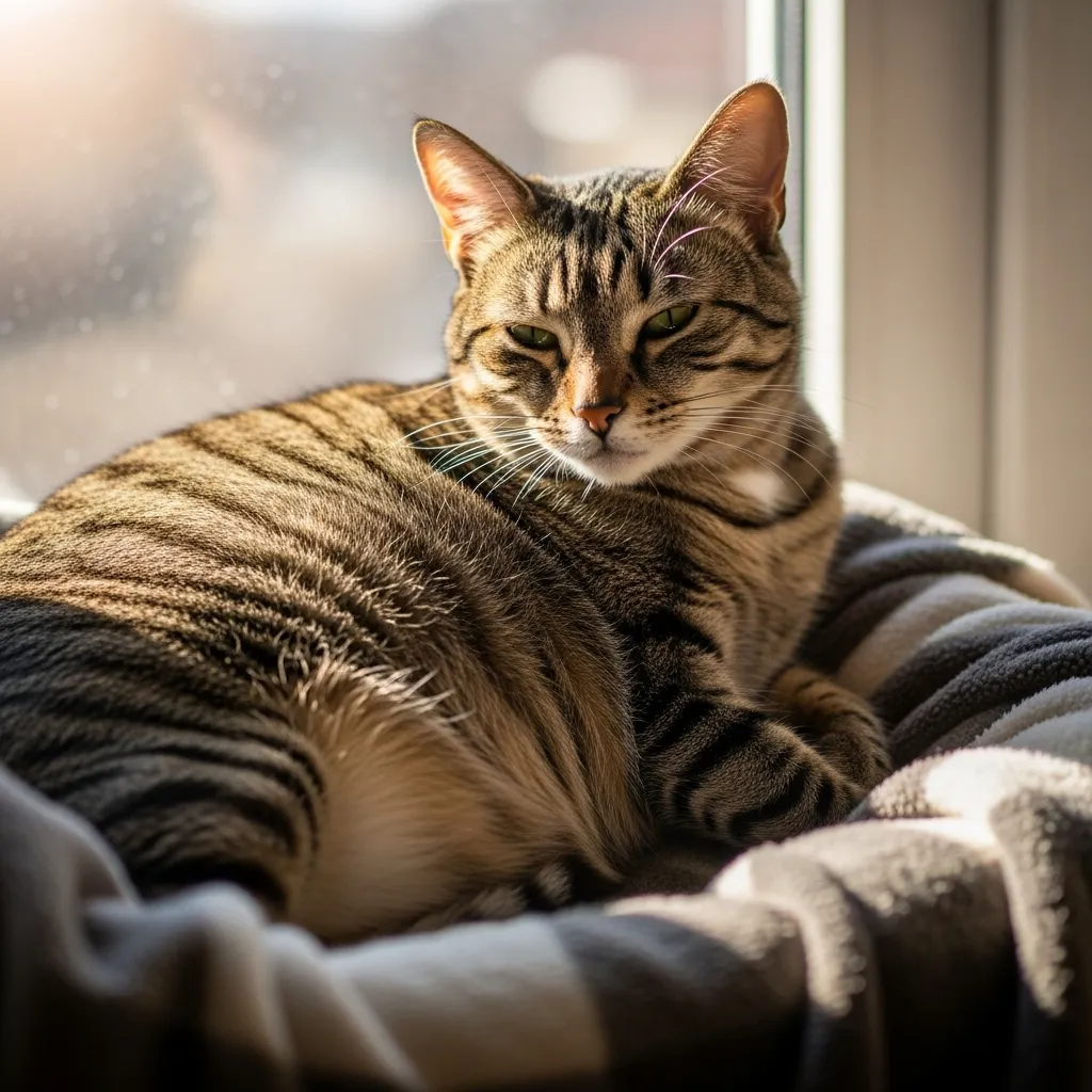 Pregnant tabby cat resting peacefully during feline pregnancy stages