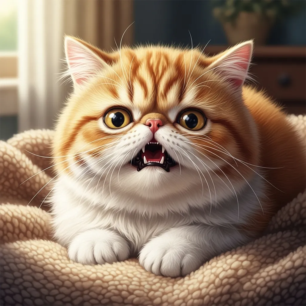 Cute Persian cat grunting with wide eyes on cozy blanket – why does my cat grunt