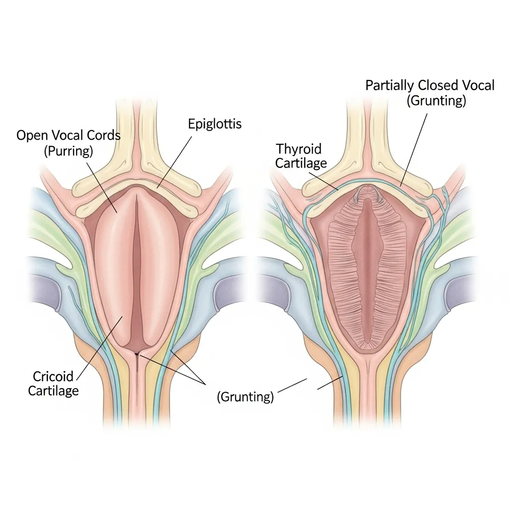 Diagram showing cat purring vs grunting vocal cord positions – cat noises explained