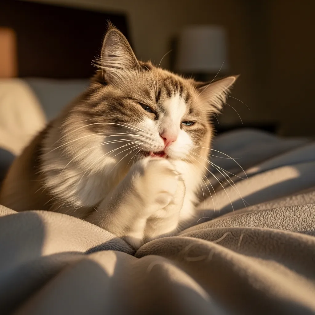 Ragdoll cat grunting happily while kneading blanket – cat grunting and purring
