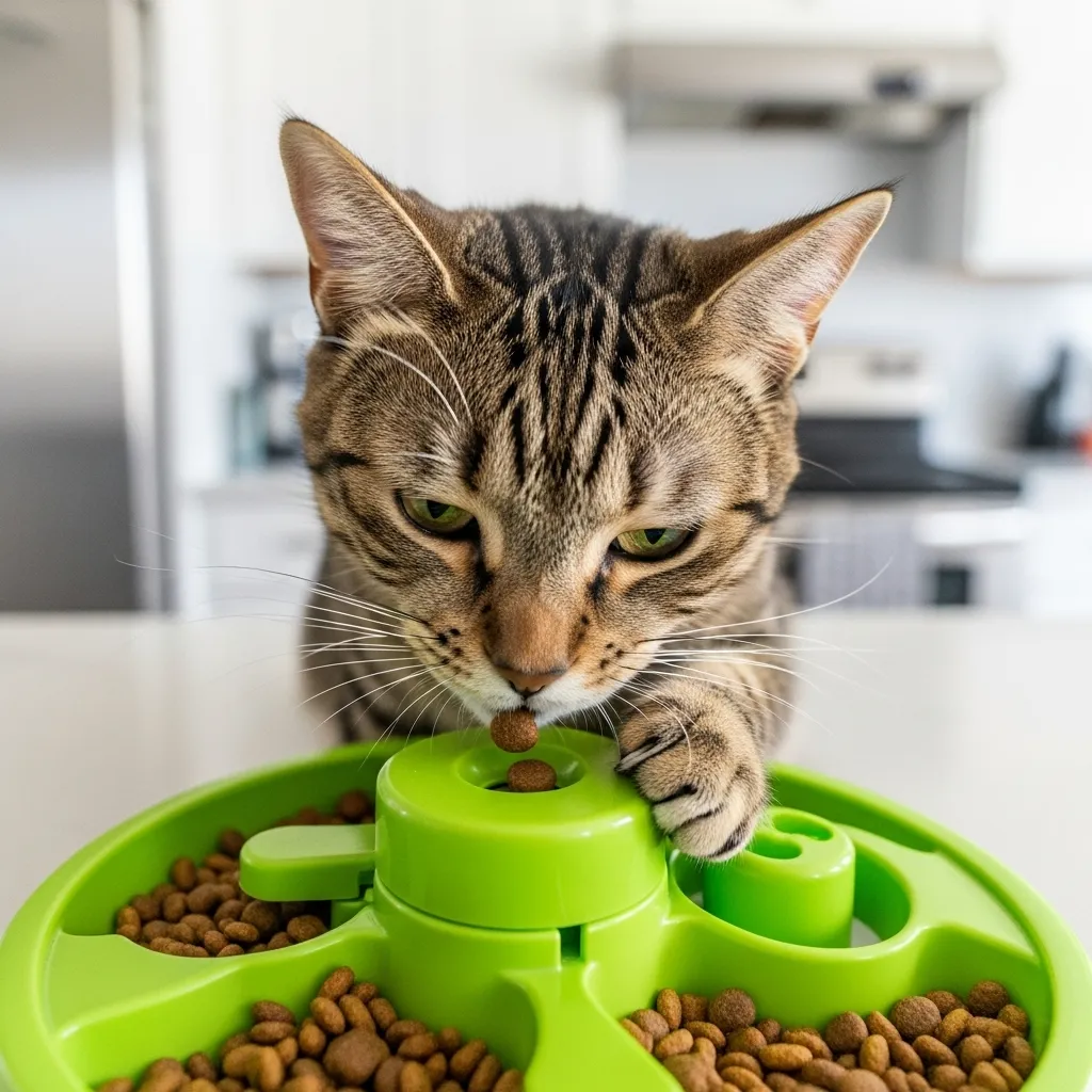 Cat using puzzle feeder to prevent grunting while eating – cat grunting while eating