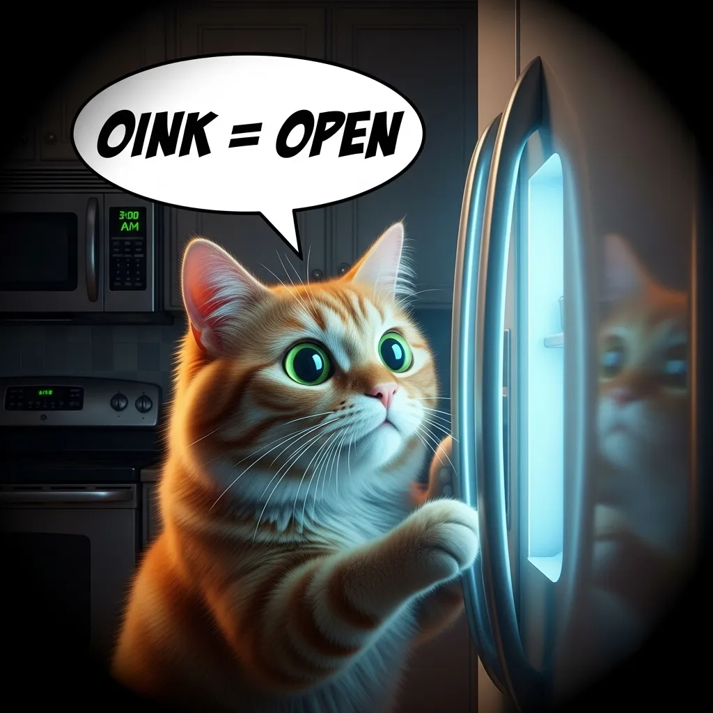 Funny cat grunting at fridge meme – my cat makes pig noises