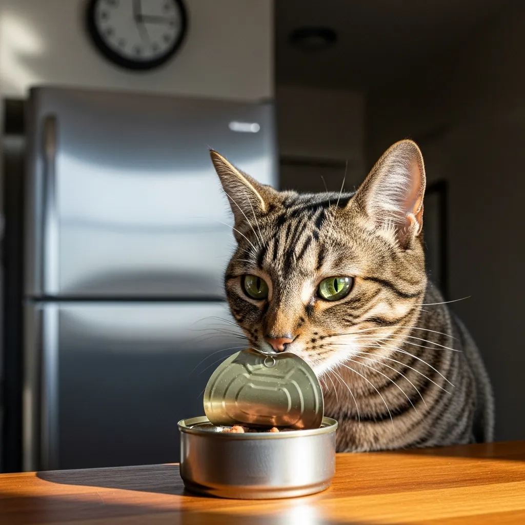 Storing Wet Cat Food 1 Tabby cat checking open wet cat food can – how long can it stay out safely?