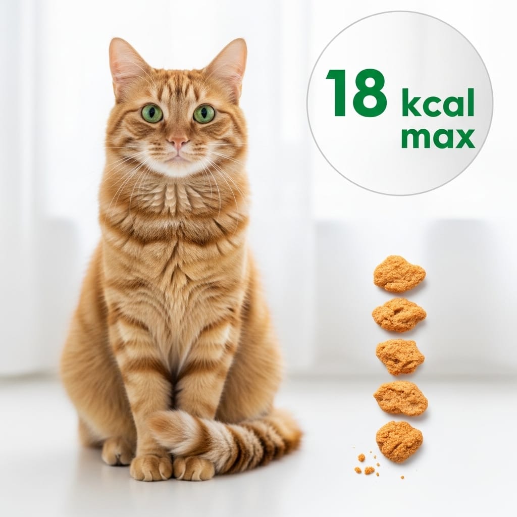 Orange tabby cat waiting for daily treat portion with 18 kcal limit overlay – cat per treat calories guide