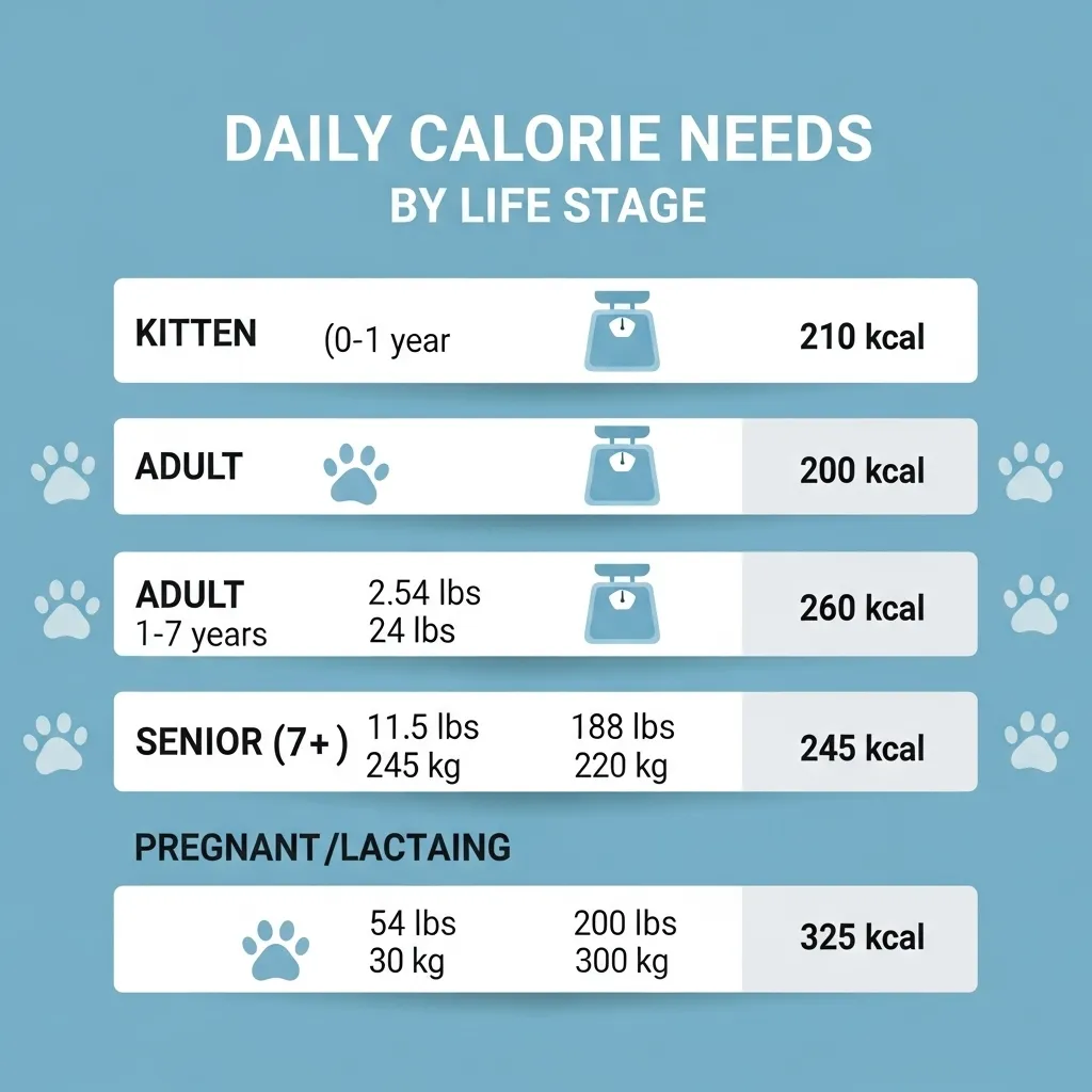 Cat daily calorie needs table by life stage – kitten, adult, senior calorie guide