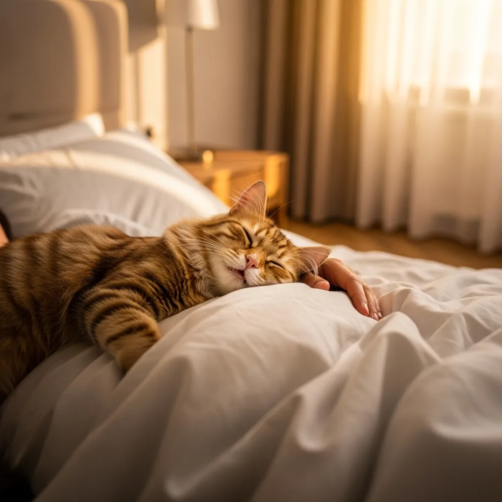 Cat cuddling on owner’s chest at sunrise – perfect morning affection moment 🐱❤️