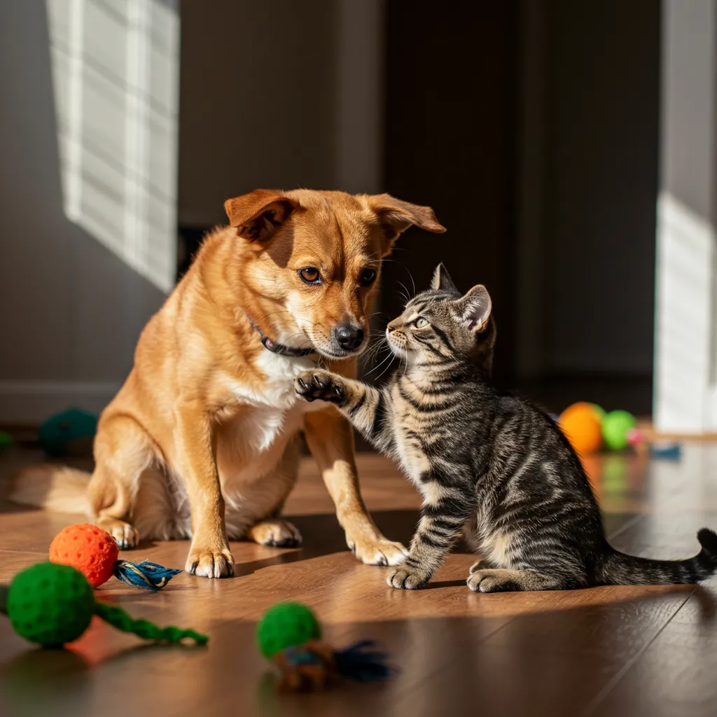 Munchkin cat playfully swatting dog in a sunny room, highlighting playful cat and dog interaction.