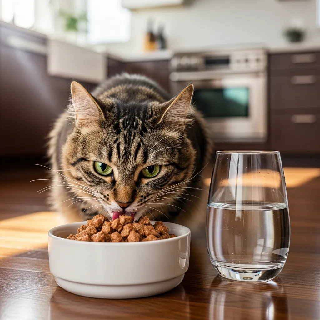 Cat eating high-quality food to prevent odor issues.