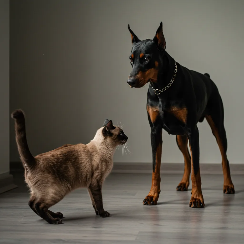 Cat and dog showing tense body language with flattened ears and stiff posture, illustrating cat vs dog communication