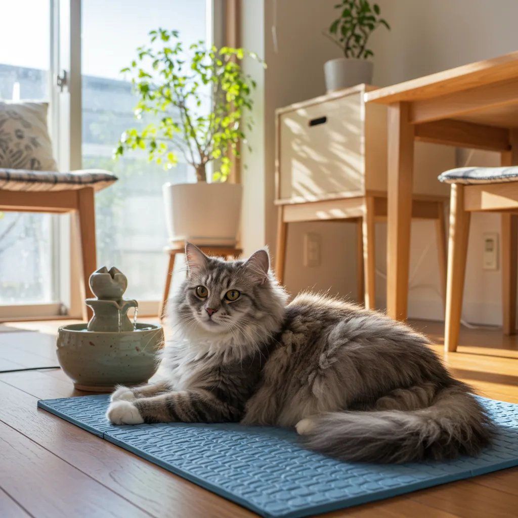 Norwegian Forest Cat relaxing on a cooling mat in a cool, shaded room.
