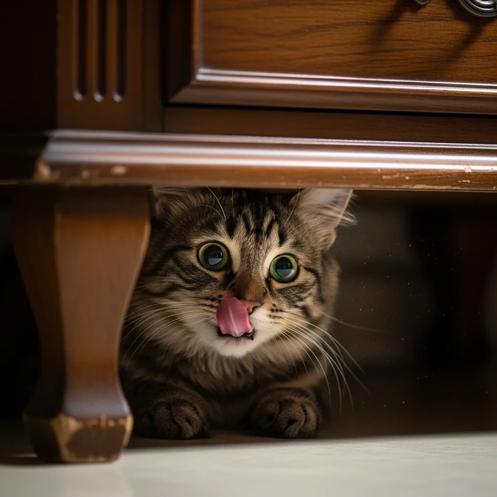  Anxious cat licking itself under furniture, showing stress behavior.