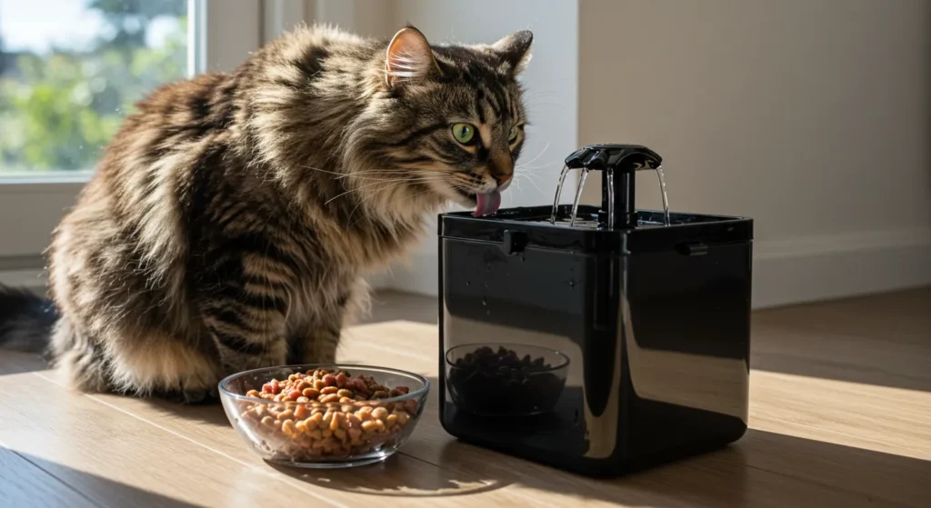 Norwegian Forest Cat drinking from a pet fountain beside wet food for hydration.