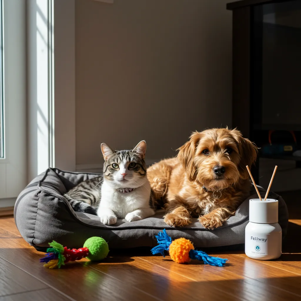  Cat and dog resting together peacefully, showcasing successful interspecies pet relationships.