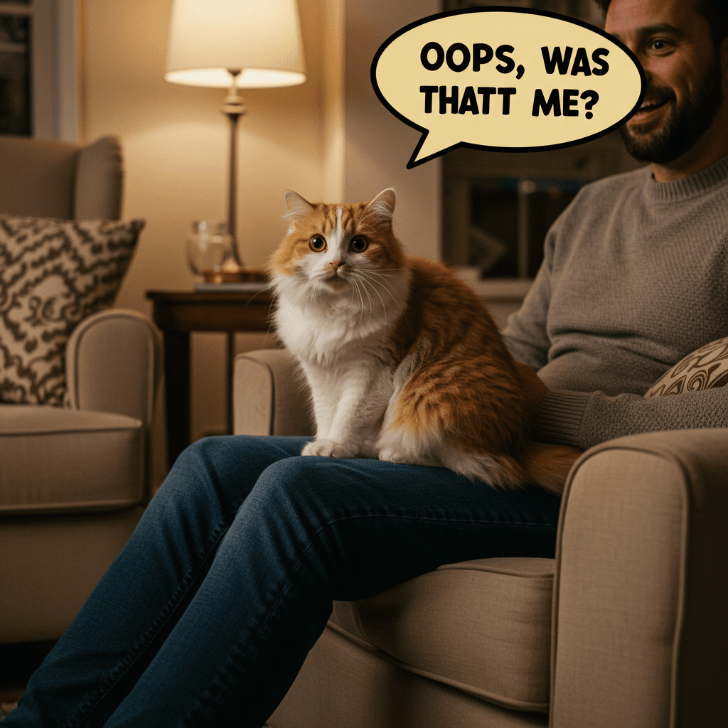  Surprised cat on owner’s lap with humorous fart-related speech bubble.