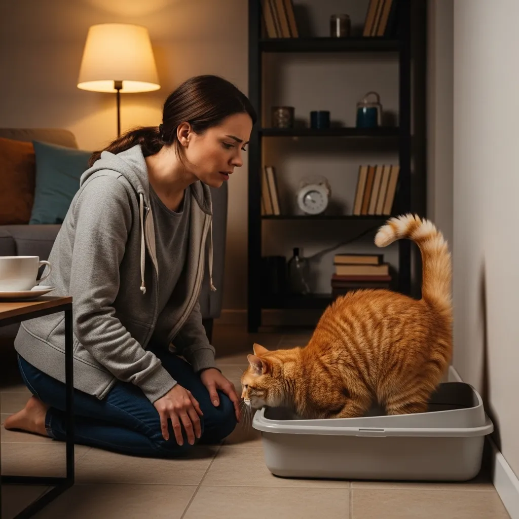 Cat owner watching a cat straining in the litter box, indicating possible urinary issues.