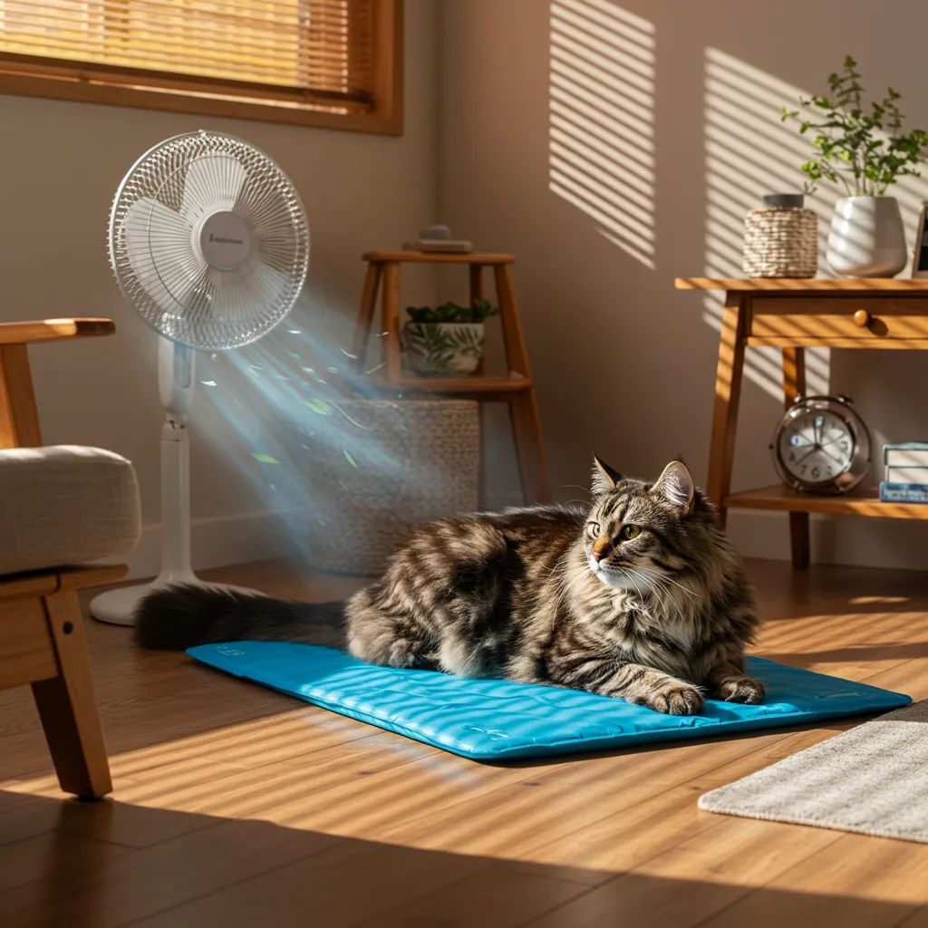 Norwegian Forest Cat on a cooling mat in a shaded, air-conditioned room.