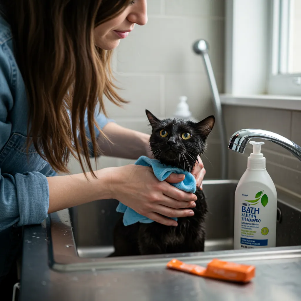  Cat receiving a flea bath for cats that hate water with a damp washcloth, staying calm with treats.