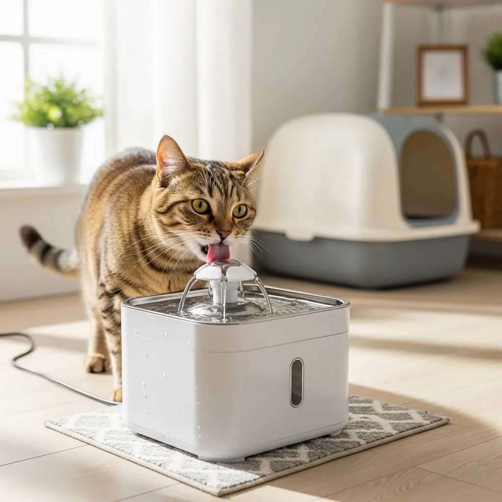 Healthy cat drinking from a water fountain next to a clean litter box.