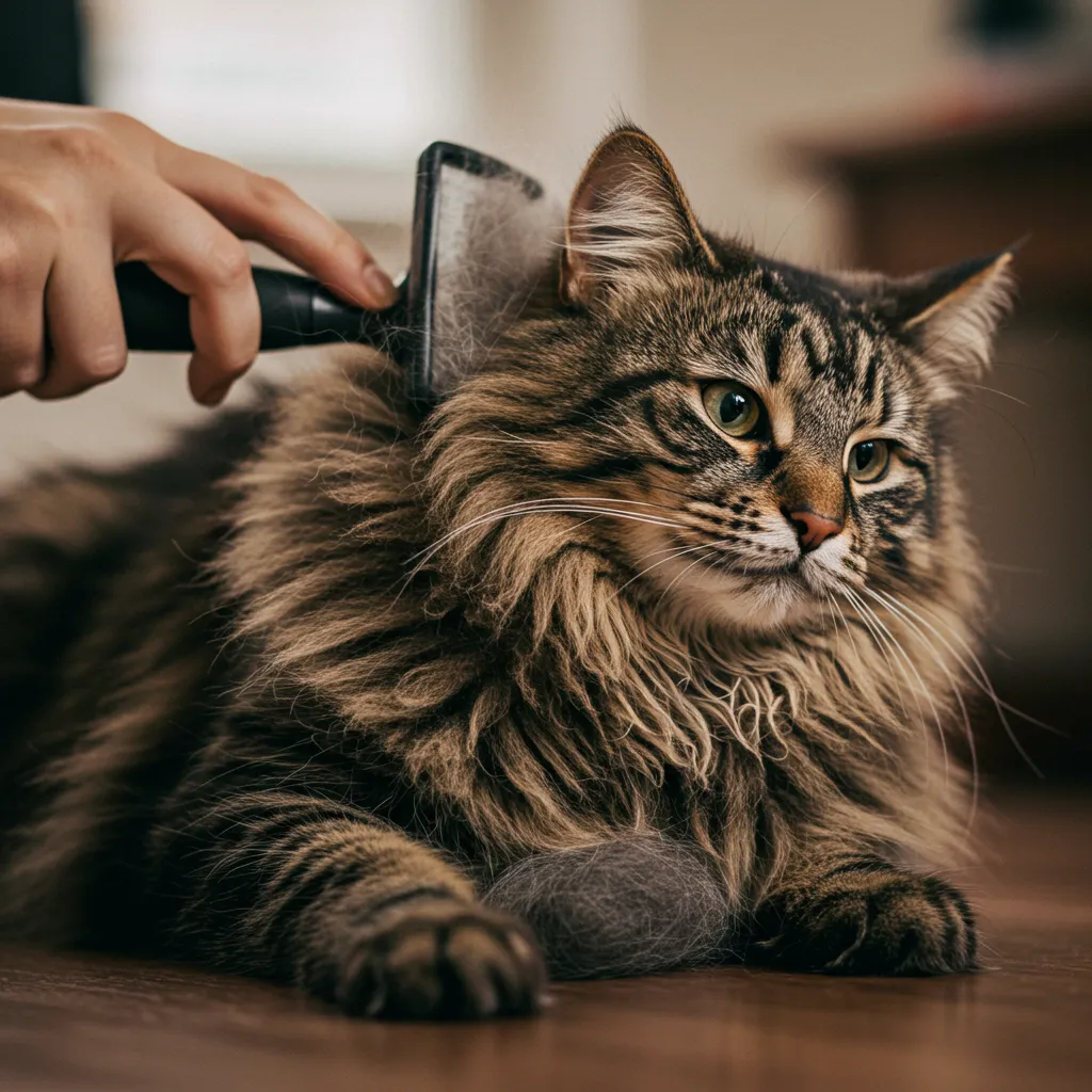 Norwegian Forest Cat being brushed for summer grooming to reduce heat.