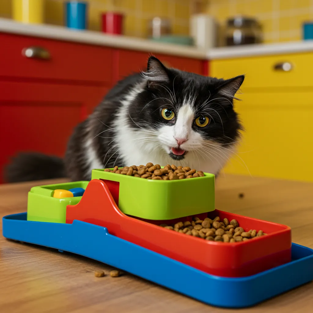  Cat using puzzle feeder to slow eating and reduce gas.
