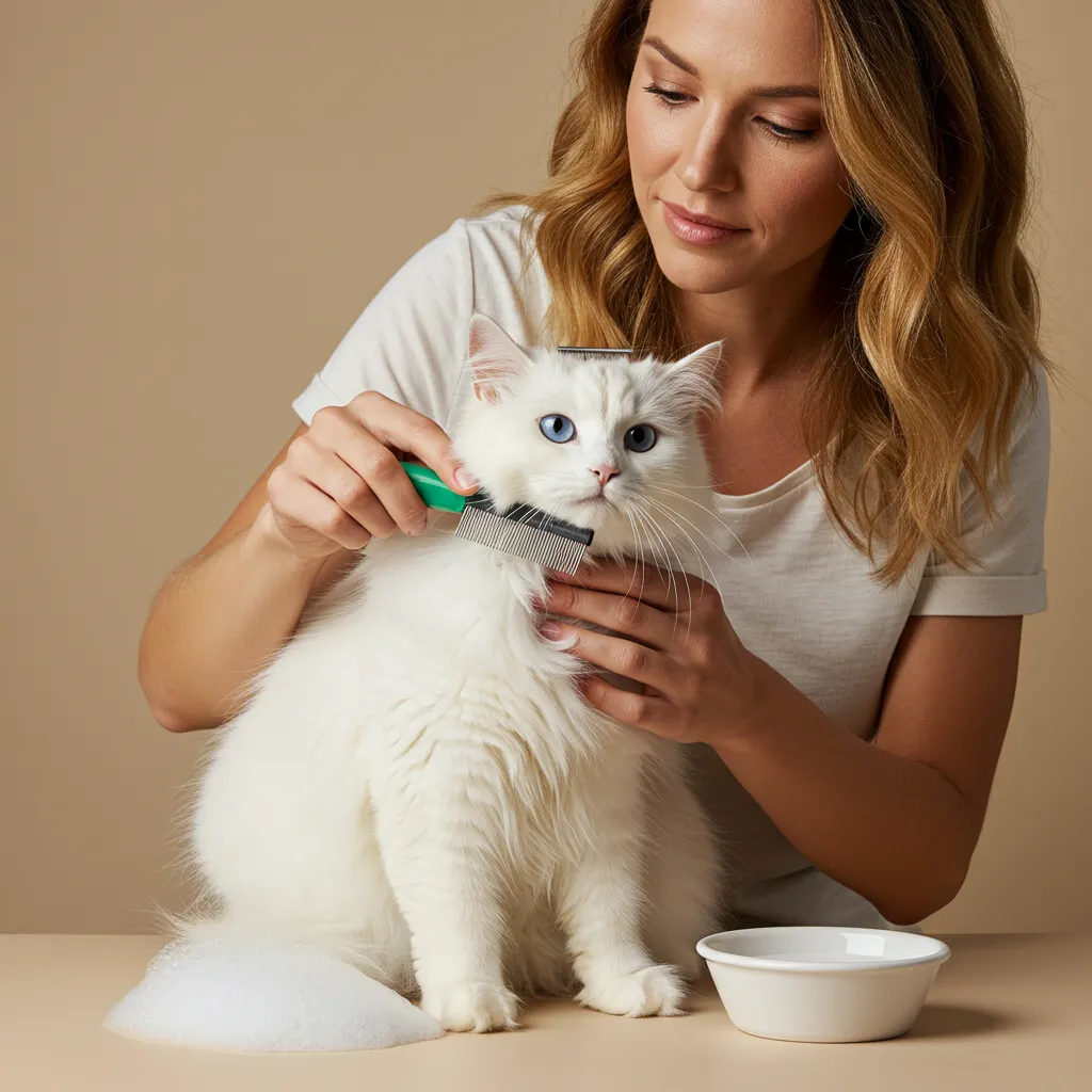 Cat undergoing flea comb method as a flea bath alternative for cats, with fleas collected in soapy water.