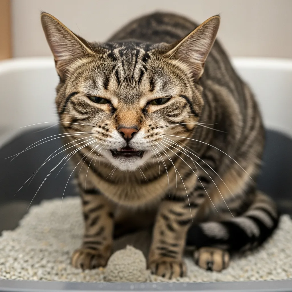 Cat straining in litter box, showing signs of urinary problems.
