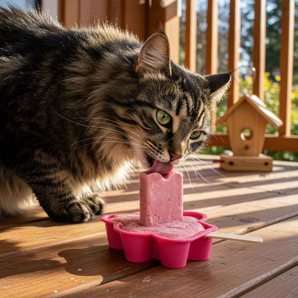Norwegian Forest Cat enjoying a frozen tuna popsicle for summer cooling.