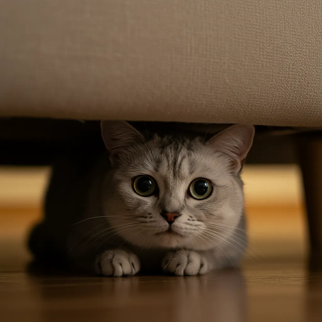 Stressed cat hiding under furniture, showing signs linked to flatulence.
