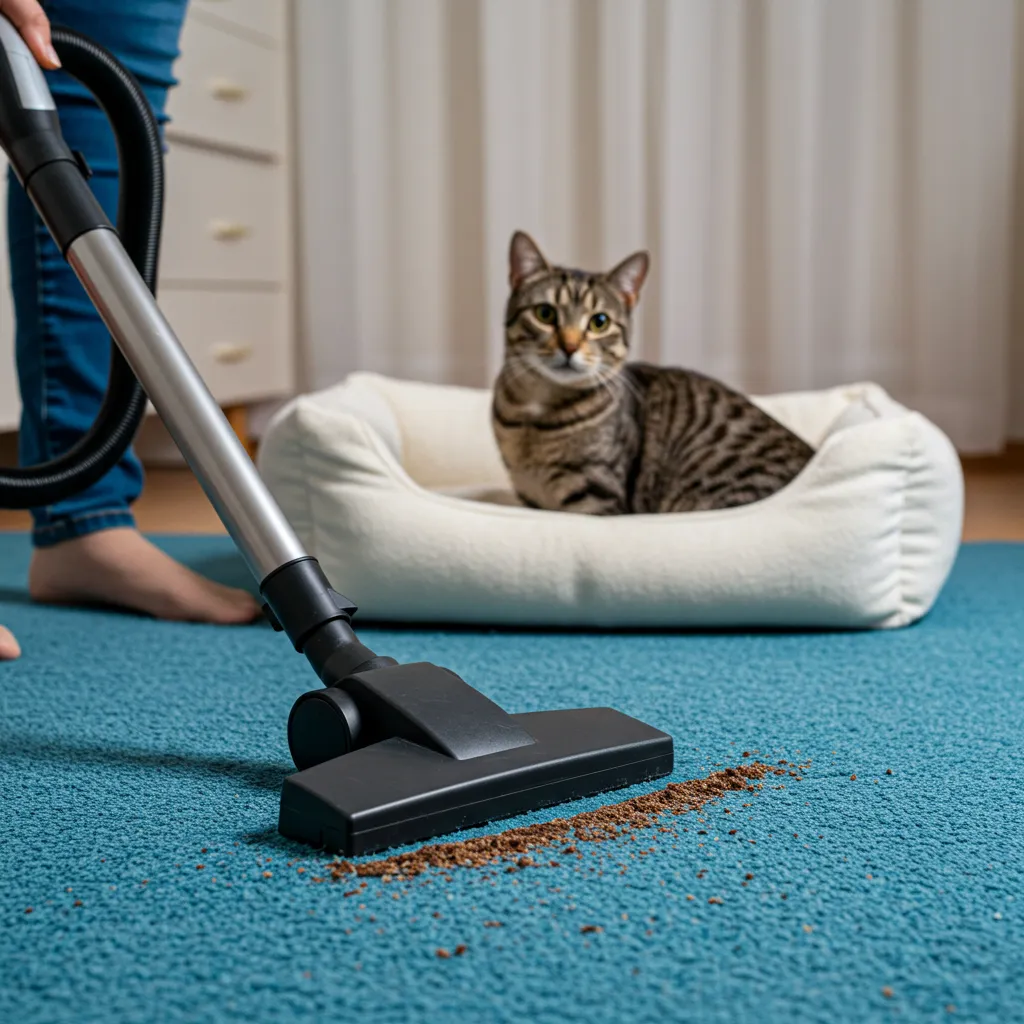 Owner vacuuming to support flea prevention for indoor cats, with a relaxed cat on a clean bed.