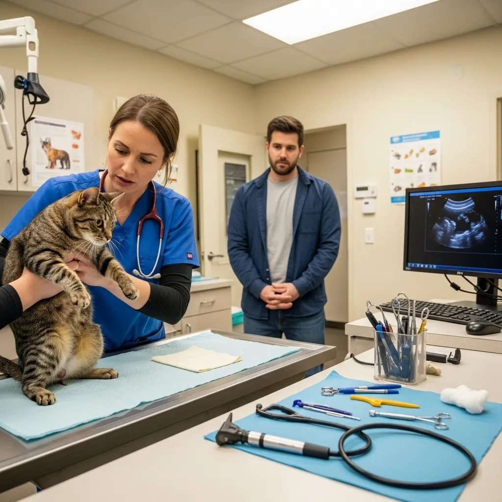  Vet examining a male cat for urinary blockage in a clinic.
