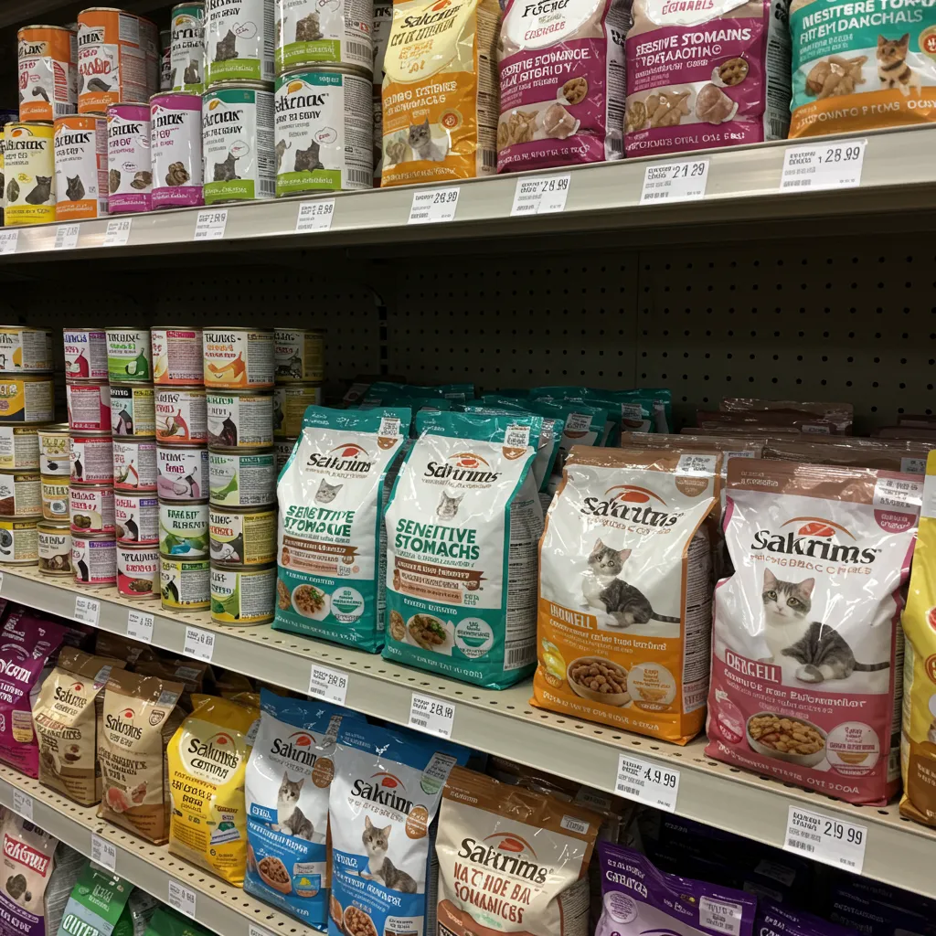 Selection of cat foods for sensitive stomachs to reduce flatulence.