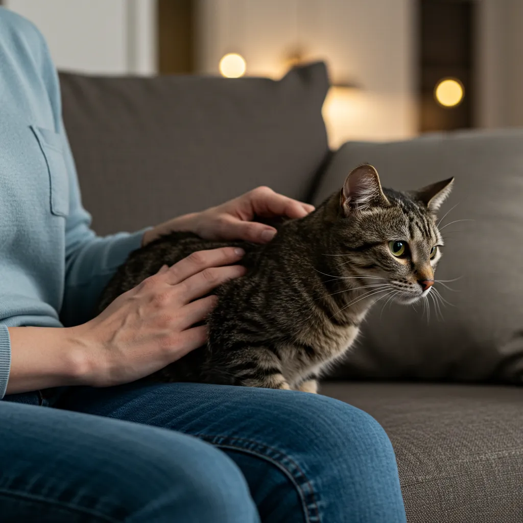 Concerned owner petting a skinny cat with visible ribs, highlighting the need for feline weight management.